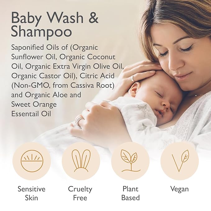 SoCal Suds & Company Organic Baby Shampoo and Body Wash - 2-in-1 Castile Soap, Hypoallergenic, Sensitive Skin, Natural Soap, Toddler Shampoo, Infant, Newborn, Kids Body Wash - 12oz Sweet Orange