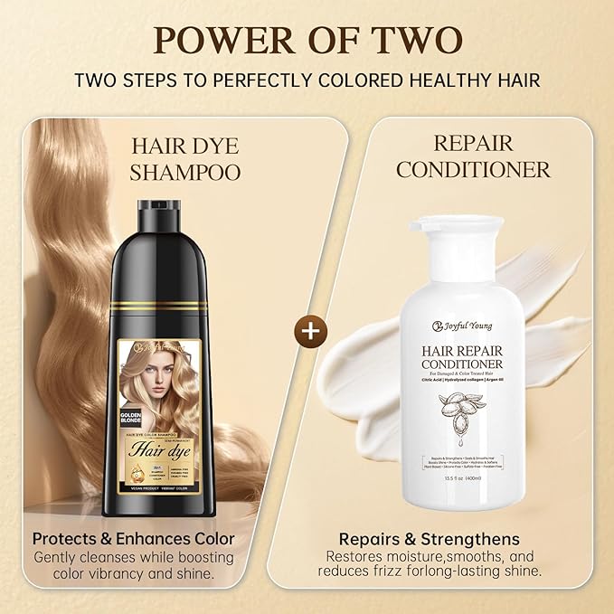 3-in-1 Natural Hair Dye Shampoo & Hair Repair Conditioner Bundle - Gray Coverage & Deep Moisture - Vegan, Sulfate-Free, Color-Safe - Argan Oil, Collagen - 2x400ml (GOLDEN BLONDE)