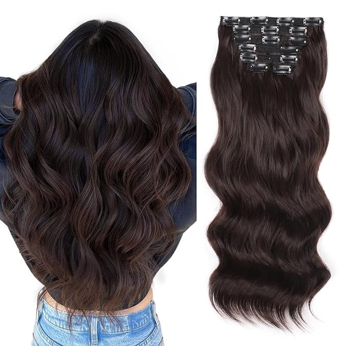 Vigorous Clip in Hair Extensions Dark Brown Long Wavy Hairpieces 20Inch Hair Extensions Clip Ins Soft Synthetic Hairpieces for Women (7Pcs)