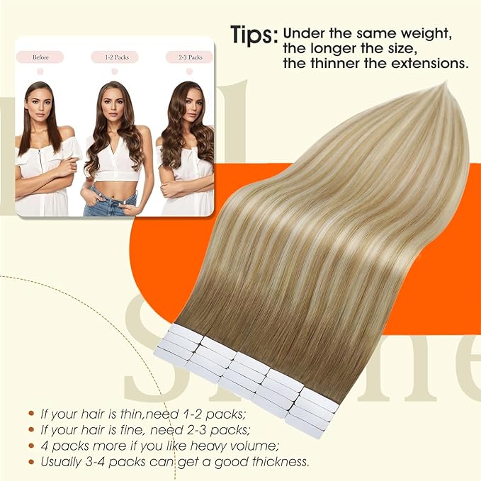 Full Shine Balayage Tape in Hair Extensions Human Hair 6/27/60 Human Hair Tape in Extensions Seamless Tape ins Human Hair Extensions for Women PU Real Human Hair Extension 20pcs 14Inch 50g