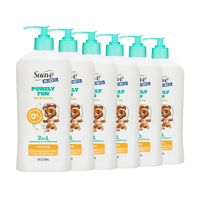 Suave Kids Purely Fun 2 in 1 Shampoo and Conditioner with Oat & Honey, Tear-Free, Hypoallergenic, Gentle Hair Care for Kids with Sensitive Scalps, 6 Count, 18 FL OZ