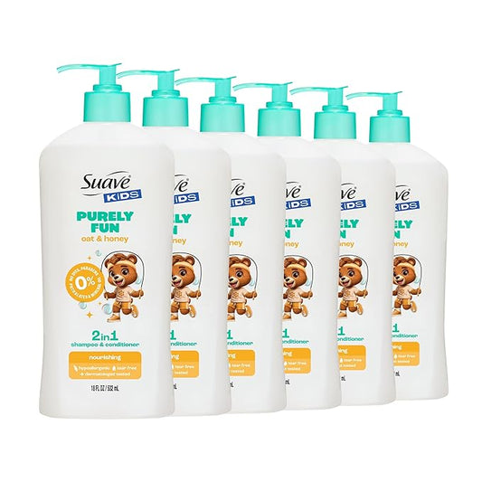 Suave Kids Purely Fun 2 in 1 Shampoo and Conditioner with Oat & Honey, Tear-Free, Hypoallergenic, Gentle Hair Care for Kids with Sensitive Scalps, 6 Count, 18 FL OZ