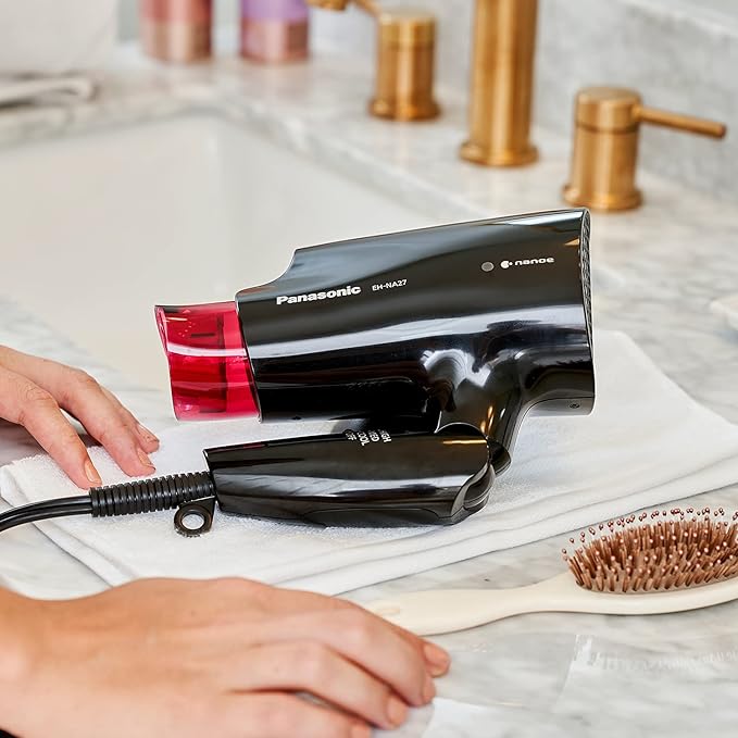 Panasonic nanoe Compact Hair Dryer for Healthy-Looking Hair, 1400W Portable, Folding Handling and QuickDry Nozzle for Fast Drying – EH-NA27-K (Black/Pink)