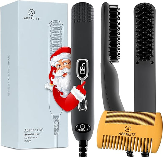 Aberlite EDC - Premium Beard Straightener Brush - Professional Heated Straightening Comb and Grooming Kit for Men (Gray)