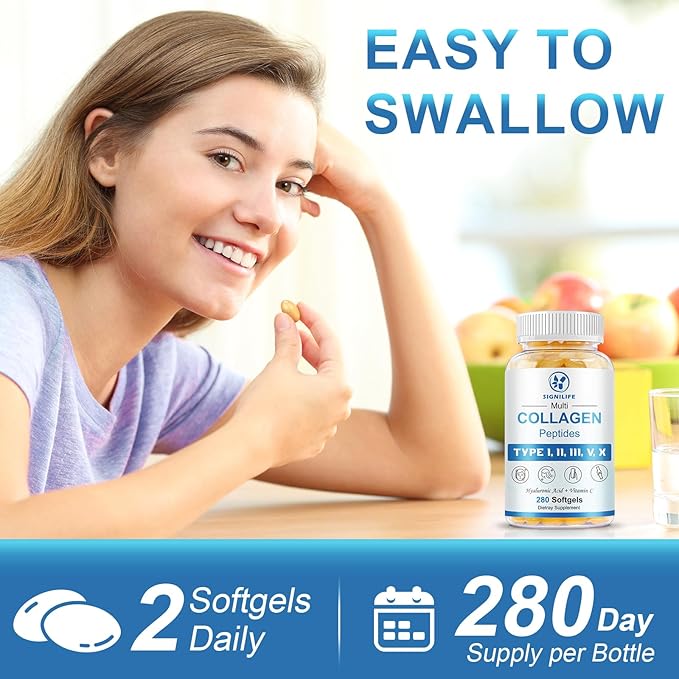 Multi Collagen Peptides for Women & Men, Hydrolyzed Collagen Peptides-Type I, II, III, V, X - with Hyaluronic Acid,Vitamin C,Biotin,Supports Skin Hair Nail, Non-GMO,560 Softgels