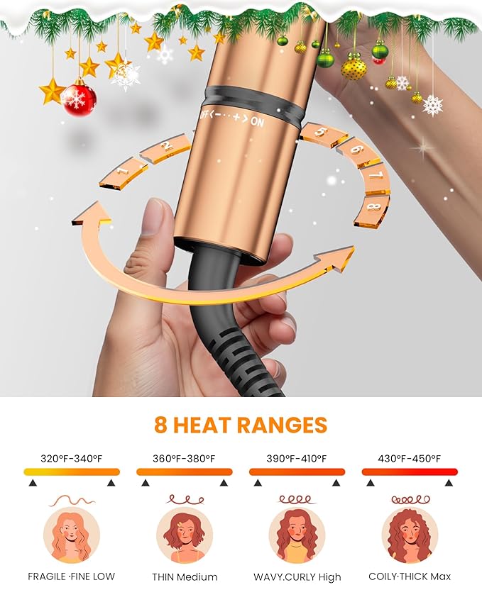 1.25 inch Long Barrel Curling Iron, Extra-Long Curling Wand with 8 Heat Settings, Ceramic Curling Iron for Smooth and Lasting Styling,Suitable for All Hair Types, Dual Voltage Damage-Free Styling