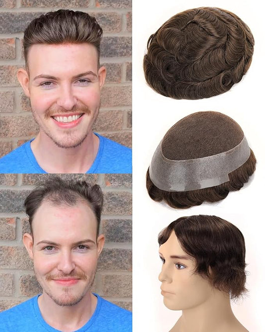 BEEOS Lace Toupee Hair for Men, 8x10 Inch Australia Mens Hair Piece #6 Light Brown, Breathable Lace Top with Thin Skin Around Base Mens Wig 130% Density