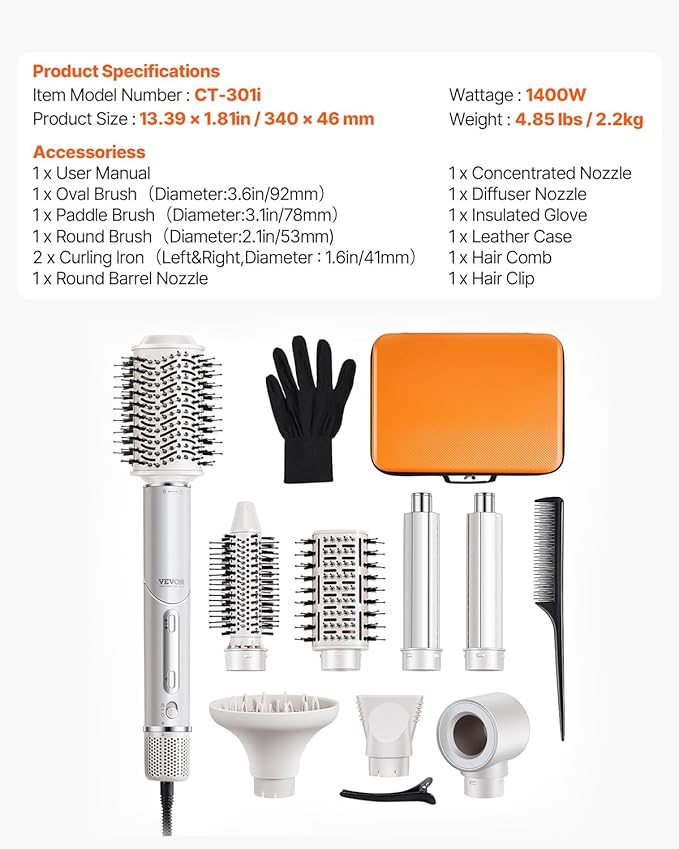 VEVOR Hair Styler Dryer Brush, 7-in-1 Professional Multi Styler with Brushless Motor, 2 Auto-Wrap Curler, 3 Brushes & 3 Nozzle, 110,000RPM High-Speed Hot Air Styler, 90° Folding Design for Fast Drying