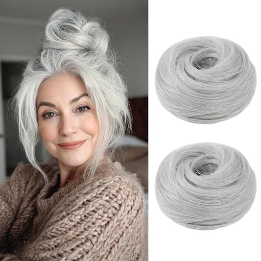 2PCS Small Cute Messy Bun Hair Piece for Thin Hair Women Mini Synthetic Curly Bun Scrunchies Updo Hairpieces Light Silver Grey
