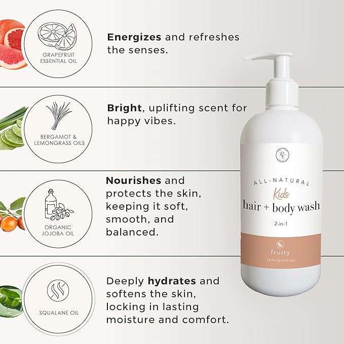 Rowe Casa Organics 2-in-1 Kids Hair & Body Wash with Therapeutic Essential Oils – Fruity Kids Shampoo & Body Wash with Sweet, Bright & Uplifting Scent – 16 Fl. Oz