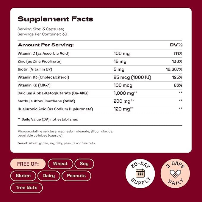 Hair Skin and Nails Vitamins – Biotin | Hyaluronic Acid | Calcium AKG | MSM | Vitamin C & Vitamin D3 K2 – Hair Vitamins for Women – Promotes Shiny Hair & Radiant Skin – 90 Capsules (1 Pack)