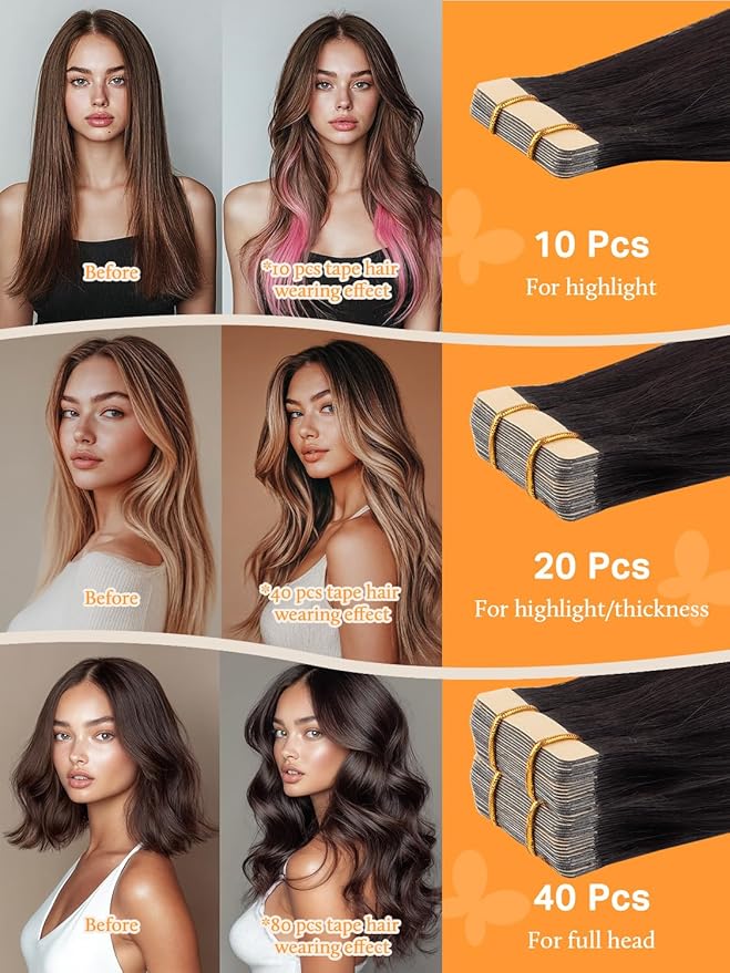 DOORES Tape in Hair Extensions Human Hair, Dark Brown to Dirty Blonde, 12 Inch, 20g, 10pcs, Straight, Remy, Tape-In Installation