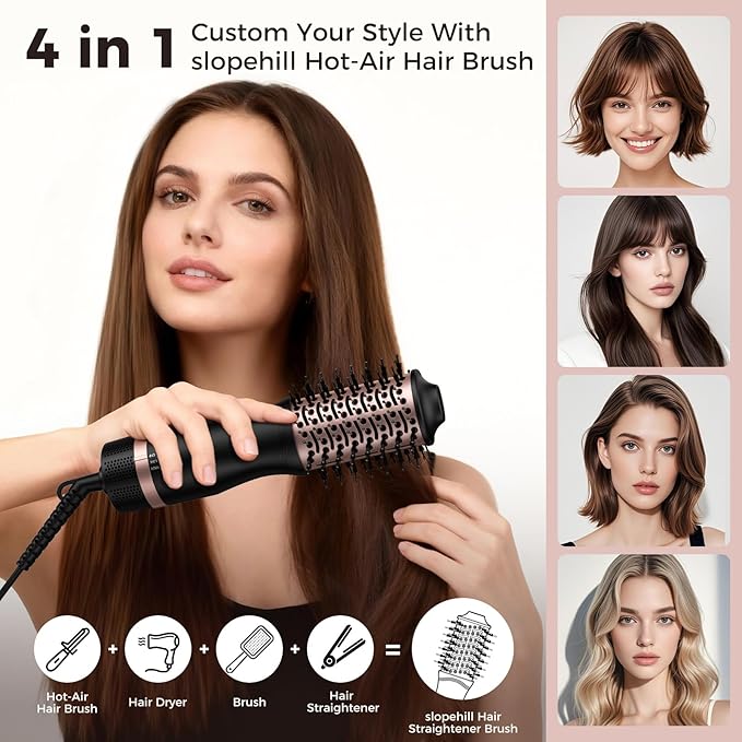 slopehill Mini Dual Voltage Hair Dryer Brush,1000 Watts Travel Hot Air Brush with European Plug, Ionic Hair Dryer and Styler for Women for Home & Salon, Oval Barrel 2 Heat & 2 Speed Settings