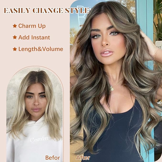 Vigorous Clip in Hair Extensions 20 Inch Walnut Brown Mixed Blonde Double Weft Hair Extension 4Pcs Natural Thick Long Wavy Synthetic Hairpieces for Women
