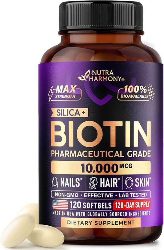 Biotin 10000mcg with Silicon - Pharmaceutical Grade Biotin Supplement for Women - Hair Growth Support, Skin & Nails - Max Strength & 100% Bioavailability - Made in USA - 120 Softgels, 120 Days Supply