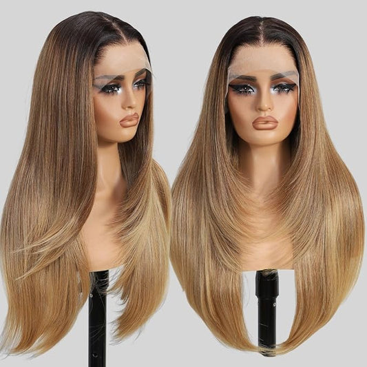 13x4 Synthetic Lace Front Wigs Pre Plucked Honey Blonde with Black 26 Inch Long Layered Straight Wigs For Women 100% Futura Premium Fiber Ready to Wear Wig With Bangs Daily Party Use