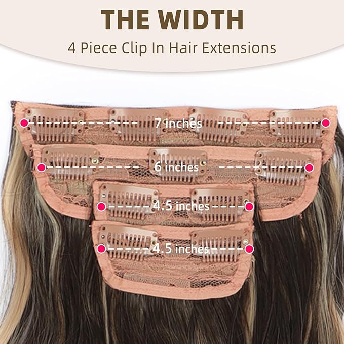Vigorous Clip in Hair Extensions 20Inch Brown & Blonde Highlights Hair Extension Clip Ins 4Pcs Long Wavy Soft Synthetic Hairpieces for Women Girls Daily Use Event Party Use