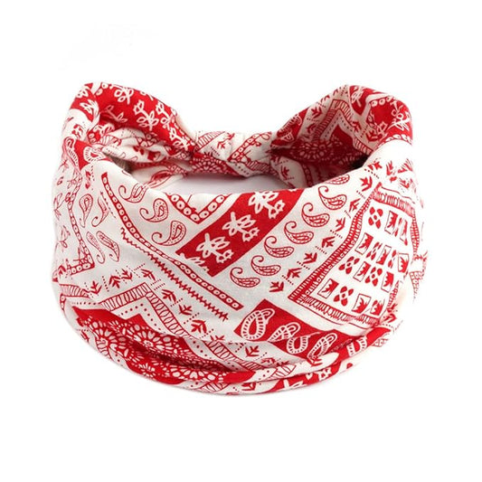 1 Pack Boho Headbands Stretch Paisley Print Bandana Headband Criss Cross Hair Bands Knotted Head Wrap Yoga Daily for Women and Girls (White and bright red)