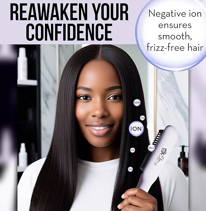 Hair Straightener Dual Brush Head - Straighten Frizzy Hair w Ease — Titanium Ionic Comb with 17 Temp Settings w LCD Display - Fast Heating, Salon-Quality Styling Tool for Women, Lavender-Royal