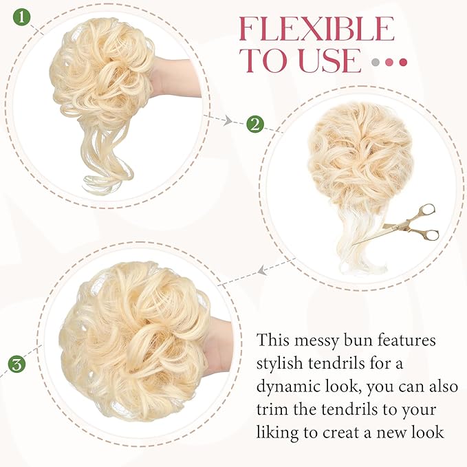 2PCS Messy Bun Hair Piece Tousled Updo with Tendrils Wavy Curly Hair Bun Scrunchies Ponytail Extension Elastic Band Hairpieces For Women (Bleach Blonde)