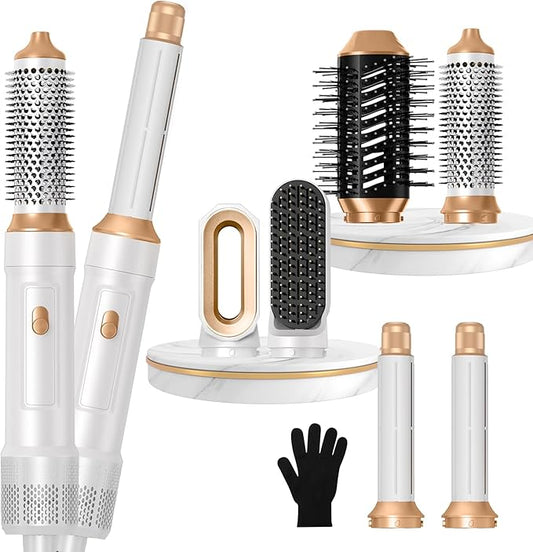 6 in ONE Blow Dryer Brush, Curling Wand Hair Styling Tools Set, Ionic Hot Air Hair Dryer, Massage Oval Hair Dryer, Left&Right Hair Curlers 100-120V (White)