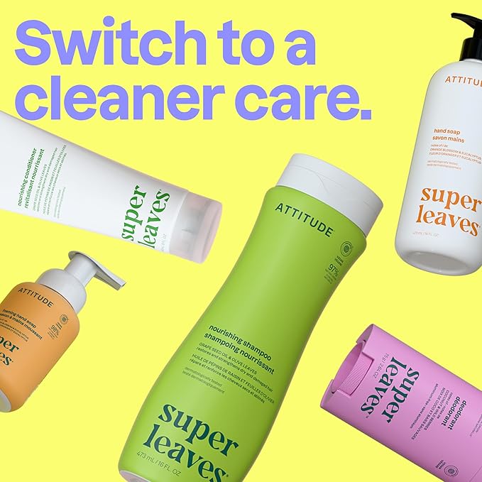 ATTITUDE Nourishing Hair Shampoo, EWG Verified, For Dry and Damaged Hair, Naturally Derived Ingredients, Vegan and Plant Based, Grapeseed Oil and Olive Leaves, 32 Fl Oz (Pack of 6)