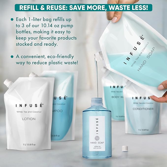 1 Liter Hand Wash Refill Bag For Soap Dispensers | Bulk Toiletries for Vacation Rentals, and Home Bathroom Showers | White Tea and Coconut | Set of 12