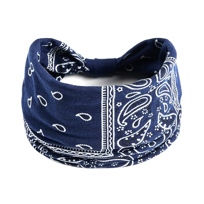 1 Pack Boho Headbands Stretch Paisley Print Bandana Headband Criss Cross Hair Bands Knotted Head Wrap Yoga Daily for Women and Girls (Blue)