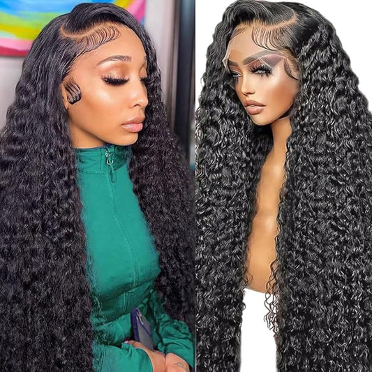 13x6 Deep Wave Lace Front Wigs Human Hair 32 Inch 200 Density HD Lace Frontal Glueless Wigs Human Hair Pre Plucked Deep Curly Wig with Baby Hair Natural Black