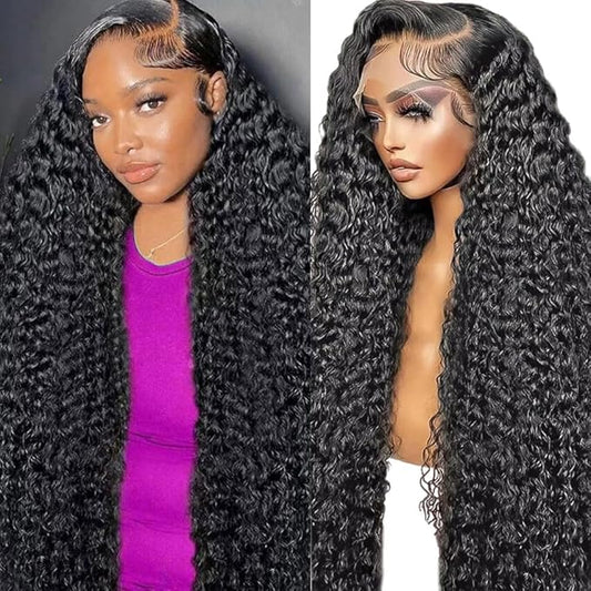 13x6 Deep Wave Lace Front Wigs Human Hair 34 Inch 200 Density HD Lace Frontal Glueless Wigs Human Hair Pre Plucked Deep Curly Wig with Baby Hair Natural Black