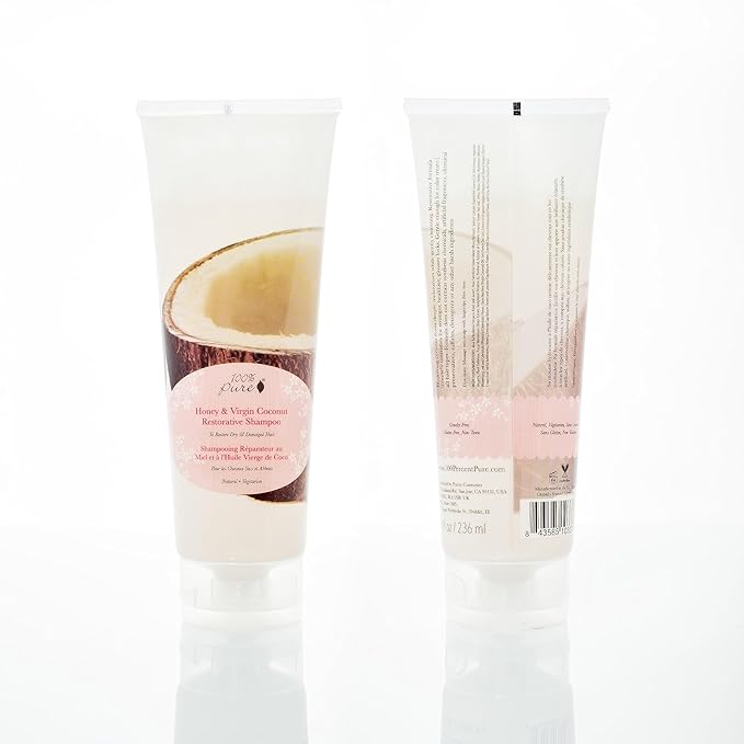 100% PURE Honey & Virgin Coconut Restorative Shampoo & Cleansing Detox Helps Restore Damaged Hair, Replenish Moisture & Body Healthy Hair Growth for Women & Men - Sulfate Free - 8 Fl Oz