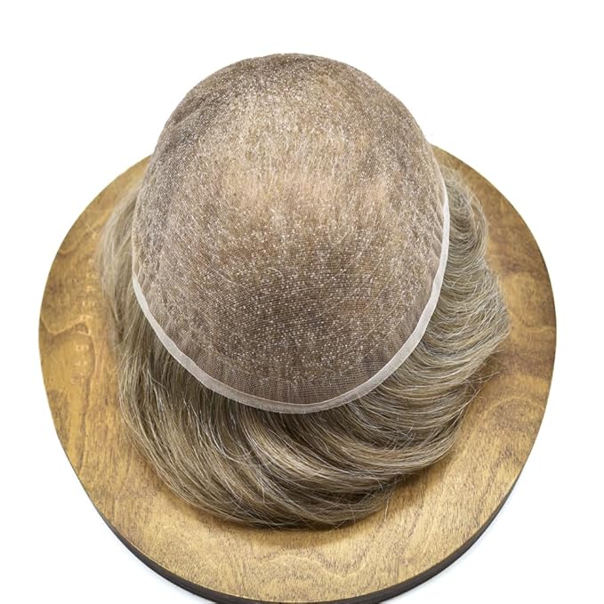 Toupee For Men Real Human Hair System For Men Full Swiss Lace Mens Toupee Lace Hair Piece For Men Hair System Bleached Knots 8x10-80% light density#1740 17# DARK ASH BLONDE+40% GREY