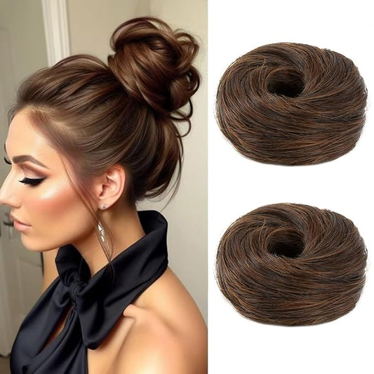 2PCS Small Cute Messy Bun Hair Piece for Thin Hair Women Mini Synthetic Curly Bun Scrunchies Updo Hairpieces Ginger Brown