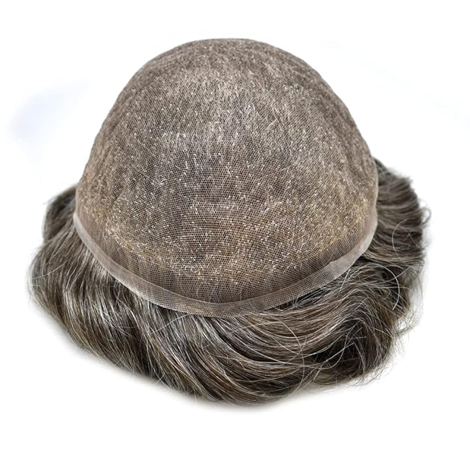 Toupee For Men Real Human Hair System For Men Full Swiss Lace Mens Toupee Lace Hair Piece For Mens Hair System Bleached Knots 7x9 120% Medium light density #360 3# DARK BROWN+60% GREY