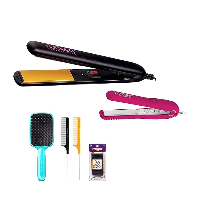 Ceramic Flat Irons 2-in-1 Value Pack 1" and Mini 1/2" with Free Travel Pouch, 2pcs Combs, Detangling Brush, 36pcs Elastic Band Set