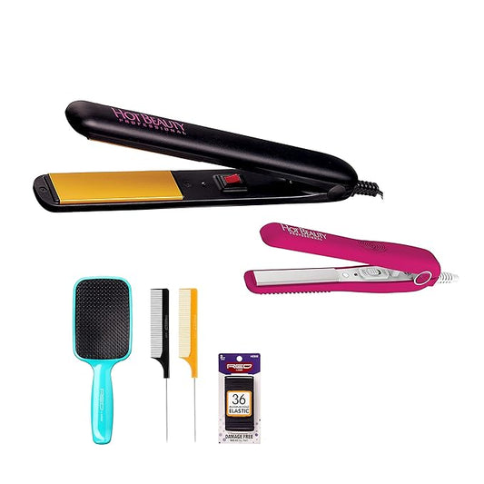 Ceramic Flat Irons 2-in-1 Value Pack 1" and Mini 1/2" with Free Travel Pouch, 2pcs Combs, Detangling Brush, 36pcs Elastic Band Set