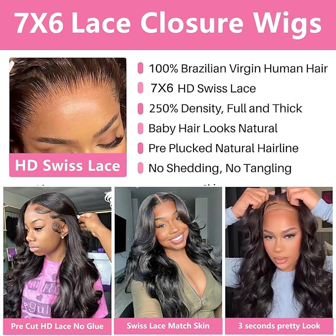 250% Density Glueless Wigs Human Hair Pre Plucked Pre Cut 7x6 Max Parting Hd Lace Closure Wigs With Drawstring Body Wave Human hair Wigs for Beginners 34 Inch