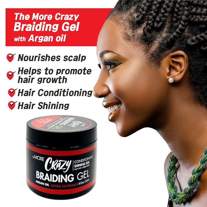 The MORE Crazy Conditioning Shining Braiding Gel, Extra Extreme Hold for All Hair Types, 10.1 Fl Oz, Clear Styling Gel, Nourishes Scalp, Hair Growth, Enriched with Argan Oil