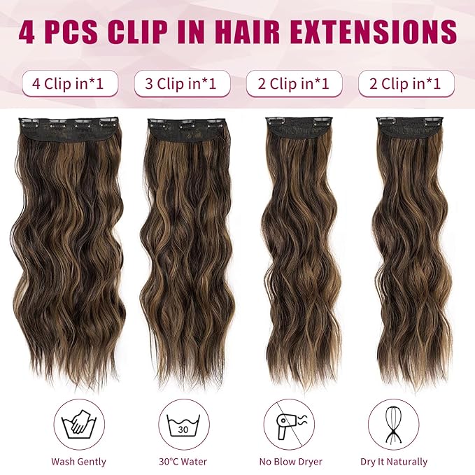 Vigorous Clip in Hair Extensions 4PCS Brown mixed Long Wavy Hair Extension 24Inch Soft Synthetic Hairpieces for Women