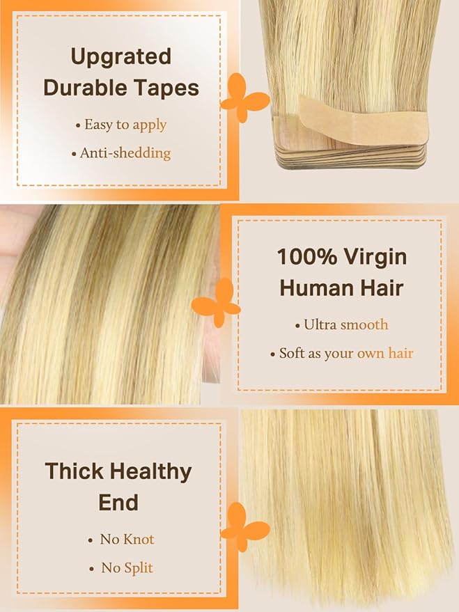 DOORES Tape in Human Hair Extensions, 20pcs 50g 14 Inch Drity Blonde Highlight Golden Blonde, Remy Human Hair, Straight, Tape-In Installation