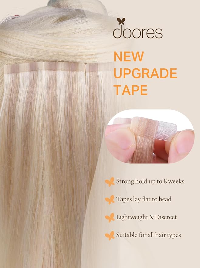 DOORES Tape in Human Hair Extensions, Dark Blonde Highlighted Bleach Blonde 26 Inch, Remy Human Hair, Straight, Tape-In Installation