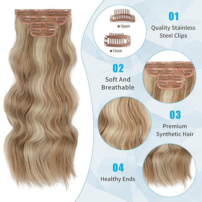 Vigorous Clip in Hair Extensions 4PCS Blonde mix Bleach Blonde Long Wavy Hairpieces 24Inch Hair Extensions Clip Ins Soft Synthetic Hairpieces for Women