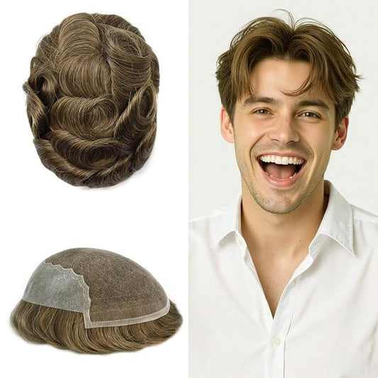 Mens Hair System French Lace Front Bleached Knots Human Hair Toupee for Men Hairpiece