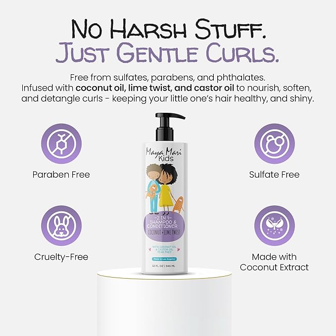 2 in 1 Natural Kids Shampoo and Conditioner, Tear Free | For Toddlers with Curly Hair | For All Kids Hair Types | Coconut & Lime Twist, Made in the USA, 32 Fl Oz