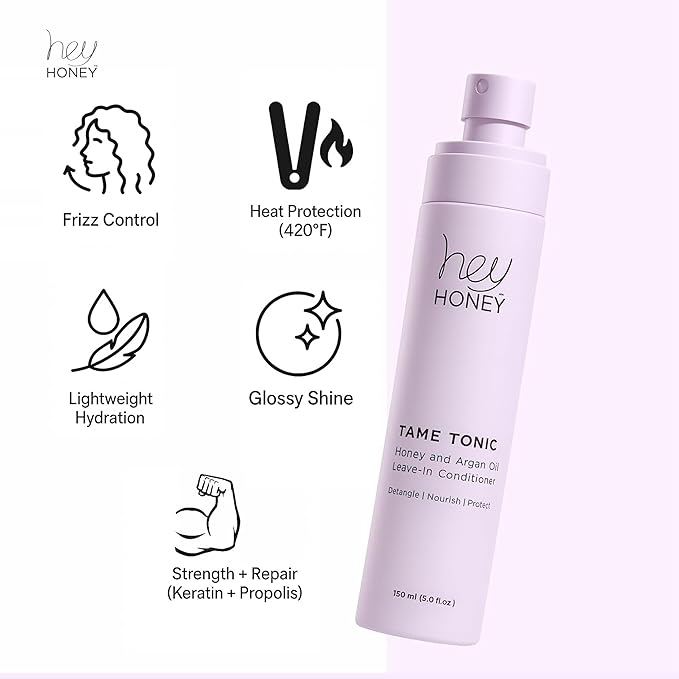 Hey Honey Tame Tonic Honey & Argan Oil Leave-In Conditioner Spray | Frizz‑Taming, Heat‑Protect & Shine‑Boost | Infused with Keratin & Bee Propolis, Sulfate & Paraben Free – 150 mL (5 oz)