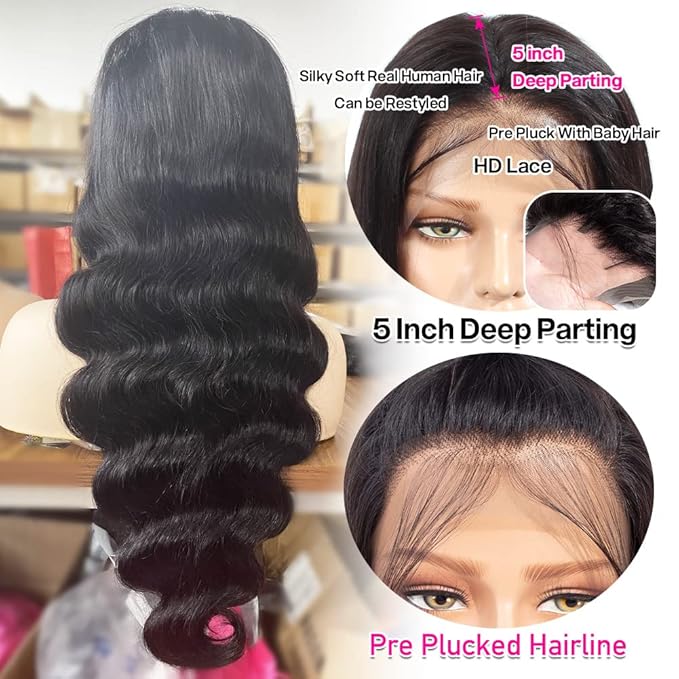 13x5 HD Lace Front Wigs Human Hair Pre Plucked Small Knots 180 Density Body Wave Lace Frontal Wigs Human Hair for Women 30 inch Natural Black