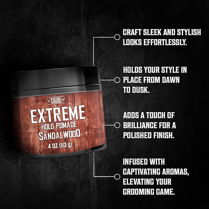 Viking Revolution Sandalwood Hair Pomade for Men - Extreme Hold Water-Based Hair Gel - Extra Firm Strong Hold With High Shine - Mens Pomade (4oz)