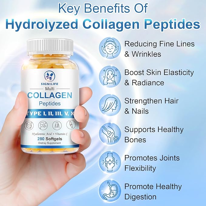Multi Collagen Peptides for Women & Men, Hydrolyzed Collagen Peptides-Type I, II, III, V, X - with Hyaluronic Acid,Vitamin C,Biotin,Supports Skin Hair Nail, Non-GMO, 280 Softgels