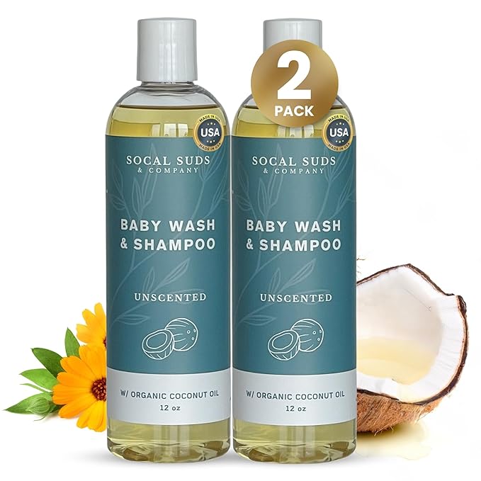 SoCal Suds & Company Organic Baby Shampoo and Body Wash - 2-in-1 Castile Soap, Hypoallergenic, Sensitive Skin, Natural Soap, Toddler Shampoo, Infant, Newborn, Kids Body Wash - 12oz Fragrance Free 2Pk
