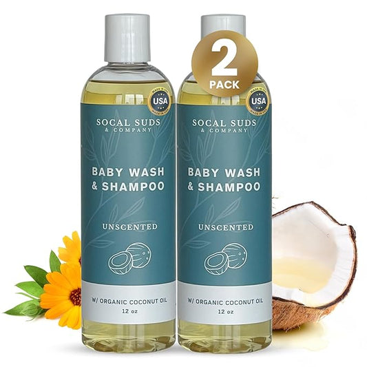 SoCal Suds & Company Organic Baby Shampoo and Body Wash - 2-in-1 Castile Soap, Hypoallergenic, Sensitive Skin, Natural Soap, Toddler Shampoo, Infant, Newborn, Kids Body Wash - 12oz Fragrance Free 2Pk